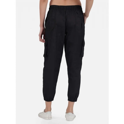 Rosolly Women's Casual Cotton Solid Elastic with Drawstring Cargo Pants (Black)