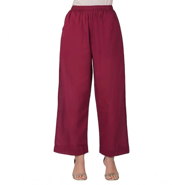 Rosolly Women's Casual Cotton Cambric Solid Elastic Palazzo Trousers (Maroon)
