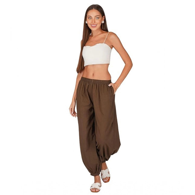 Rosolly Women's Casual Cotton Cambric Solid Elastic Waist Patiala Harem Pants (Brown)