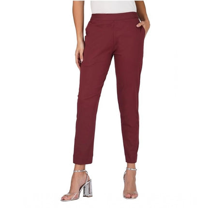 Rosolly Women's Casual Cotton Lycra Solid Trouser Pants (Maroon)