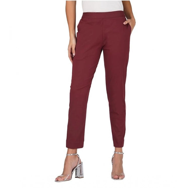 Rosolly Women's Casual Cotton Lycra Solid Trouser Pants (Maroon)