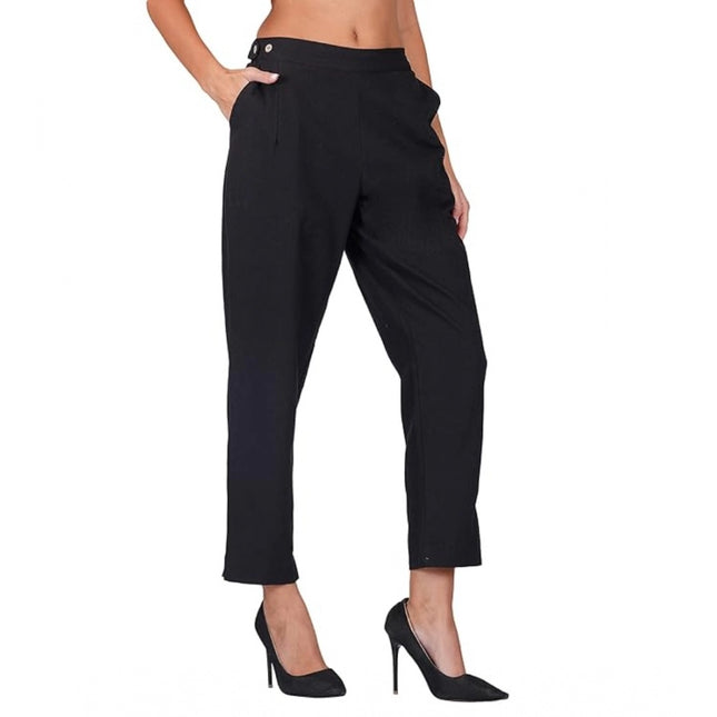 Rosolly Women's Casual Cotton Flax Solid Adjustable Waist Trouser Pants (Black)