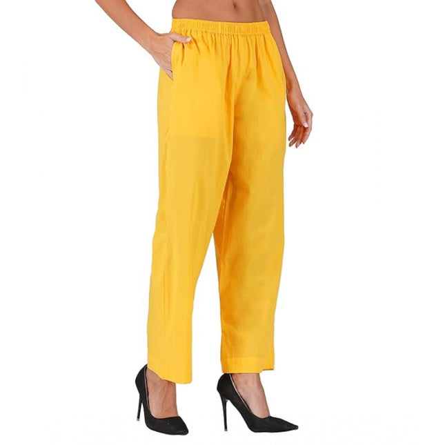 Rosolly Women's Casual Cotton Cambric Solid Elastic Palazzo Trousers (Yellow)