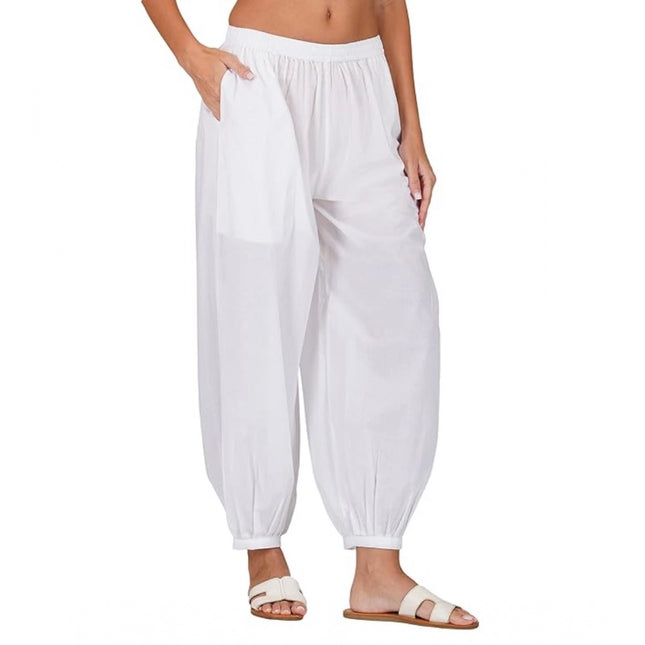 Rosolly Women's Casual Cotton Cambric Solid Elastic Waist Patiala Harem Pants (White)