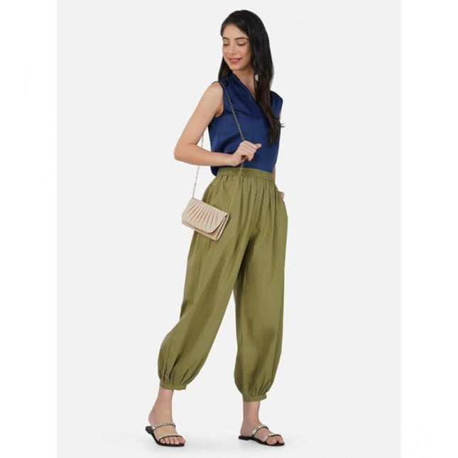 Rosolly Women's Casual Cotton Cambric Solid Elastic Waist Patiala Harem Pants (Green)