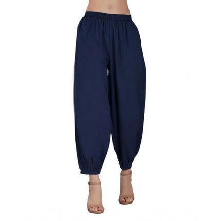 Rosolly Women's Casual Cotton Cambric Solid Elastic Waist Patiala Harem Pants (Navy Blue)