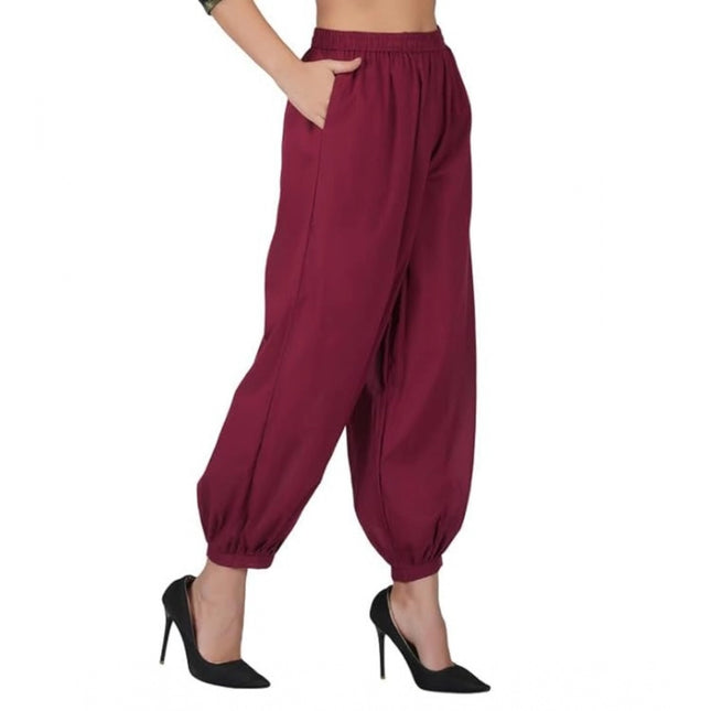 Rosolly Women's Casual Cotton Cambric Solid Elastic Waist Patiala Harem Pants (Maroon)