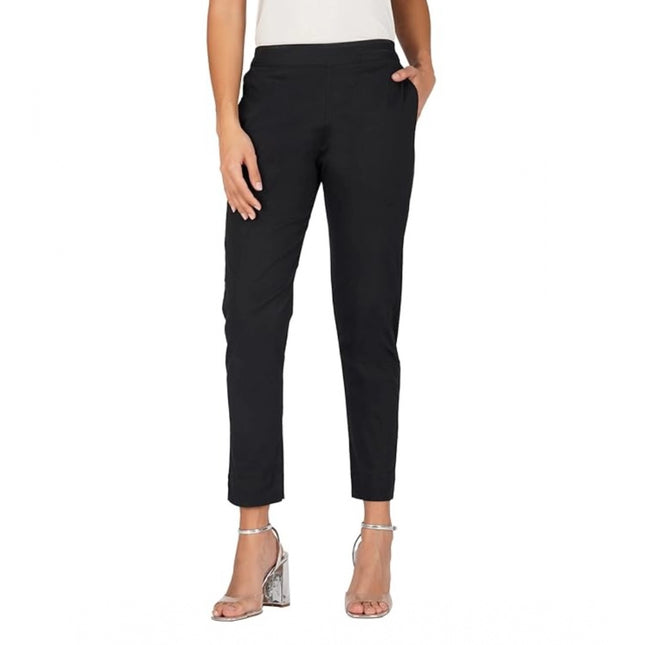 Rosolly Women's Casual Cotton Lycra Solid Trouser Pants (Black)