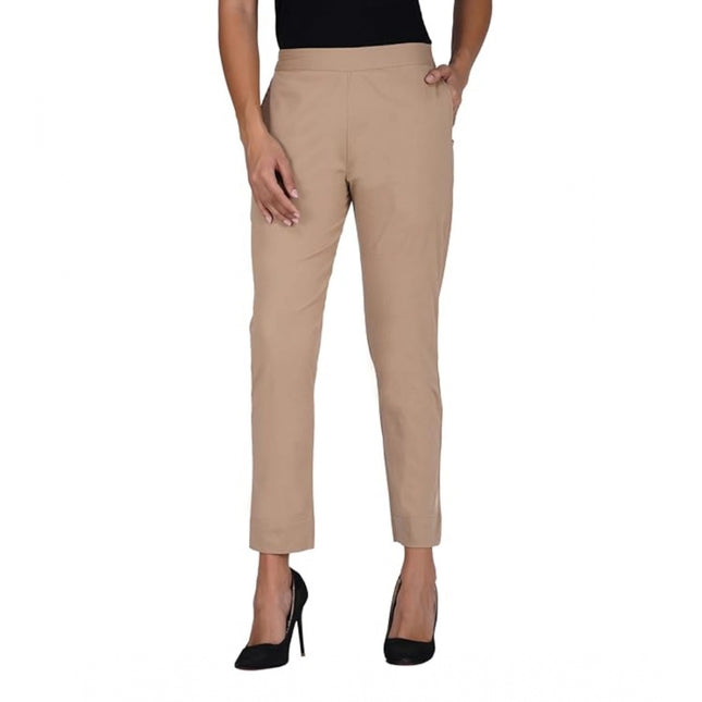 Rosolly Women's Casual Cotton Lycra Solid Trouser Pants (Beige)