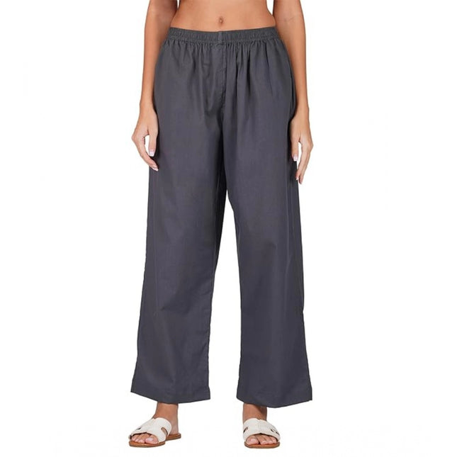 Rosolly Women's Casual Cotton Cambric Solid Elastic Palazzo Trousers (Dark Grey)