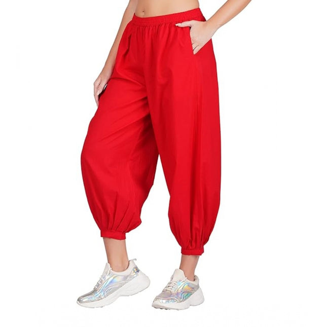 Rosolly Women's Casual Cotton Cambric Solid Elastic Waist Patiala Harem Pants (Red)