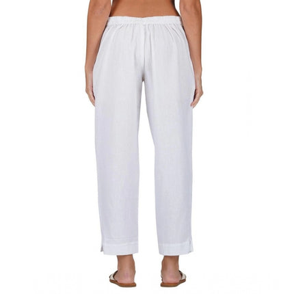 Rosolly Women's Casual Cotton Flax Solid Adjustable Waist Trouser Pants (White)