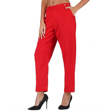 Rosolly Women's Casual Cotton Flax Solid Adjustable Waist Trouser Pants (Red)