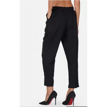 Rosolly Women's Casual Cotton Flax Solid Adjustable Waist Trouser Pants (Black)