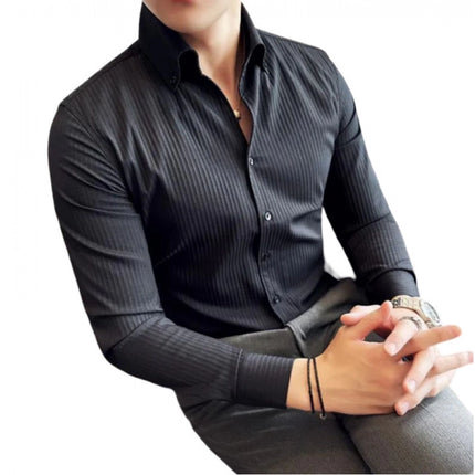 Rosolly Men's Casual Full Sleeve Striped Cotton Blended Shirt (Black)