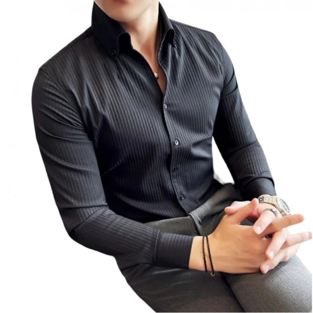 Rosolly Men's Casual Full Sleeve Striped Cotton Blended Shirt (Black)