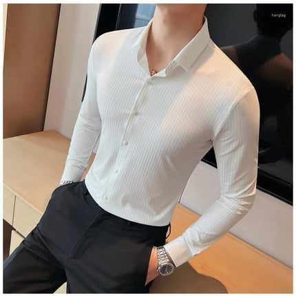 Rosolly Men's Casual Full Sleeve Striped Cotton Blended Shirt (White)
