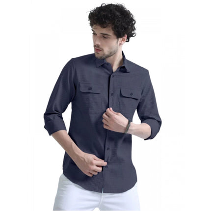 Rosolly Men's Casual Short Sleeve Striped Cotton Blended Shirt (Dark Grey)