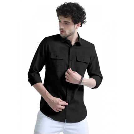Rosolly Men's Casual Short Sleeve Striped Cotton Blended Shirt (Black)