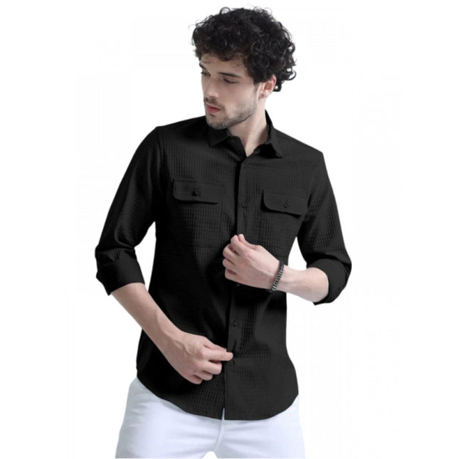 Rosolly Men's Casual Short Sleeve Striped Cotton Blended Shirt (Black)