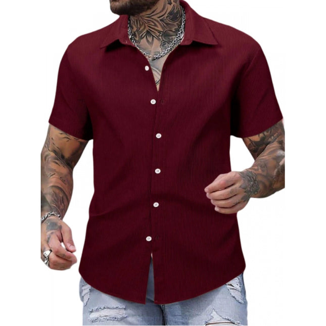Rosolly Men's Casual Short Sleeve Striped Cotton Blended Shirt (Maroon)