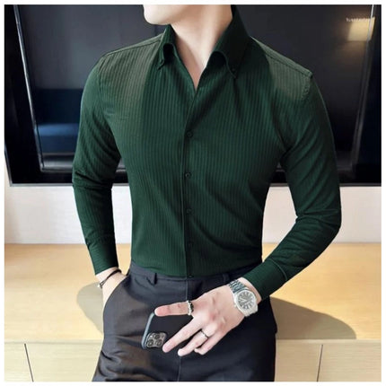 Rosolly Men's Casual Full Sleeve Striped Cotton Blended Shirt (Green)