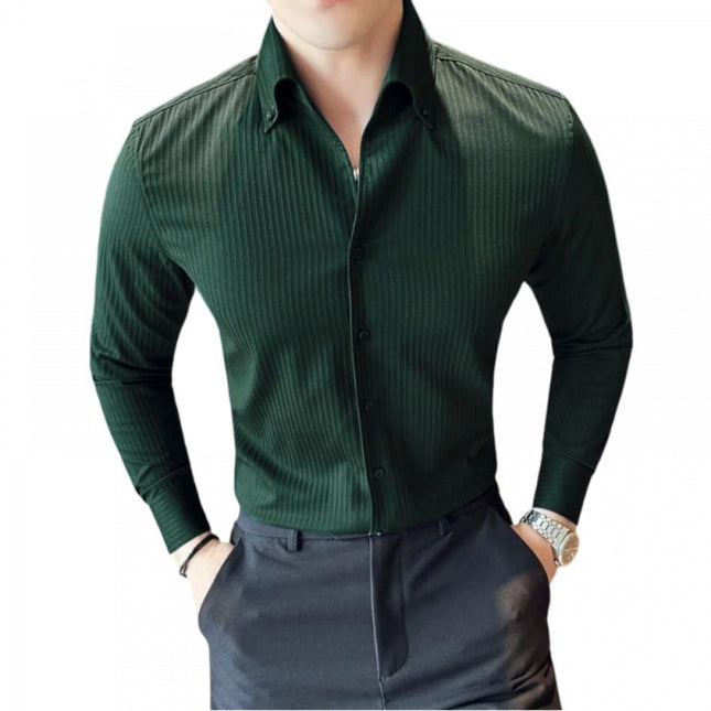 Rosolly Men's Casual Full Sleeve Striped Cotton Blended Shirt (Green)