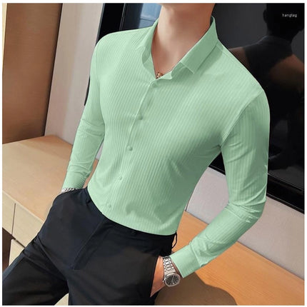 Rosolly Men's Casual Full Sleeve Striped Cotton Blended Shirt (Light Green)