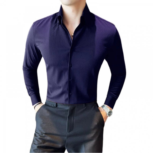 Rosolly Men's Casual Full Sleeve Striped Cotton Blended Shirt (Navy)
