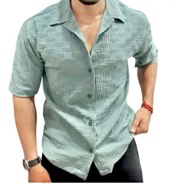 Rosolly Men's Casual Full Sleeve Strip Line Cotton Blended Shirt (Green)