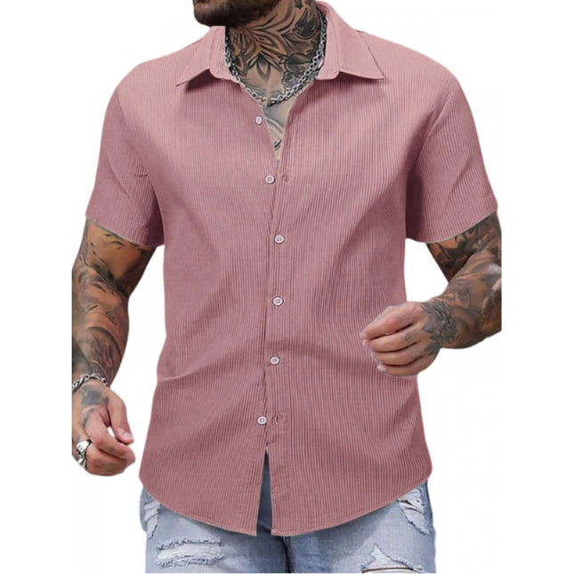 Rosolly Men's Casual Short Sleeve Striped Cotton Blended Shirt (Pink)