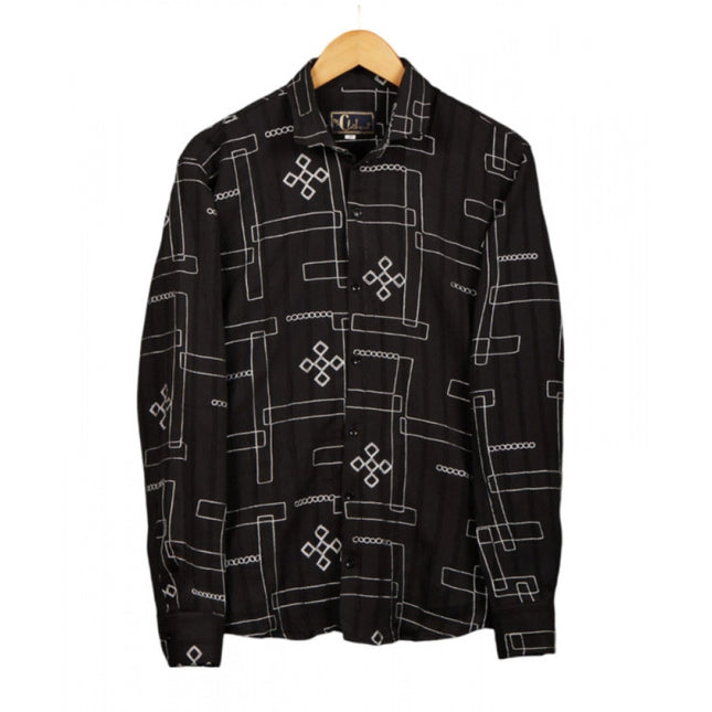 Rosolly Men's Casual Full Sleeve Printed Cotton Blended Shirt (Black)