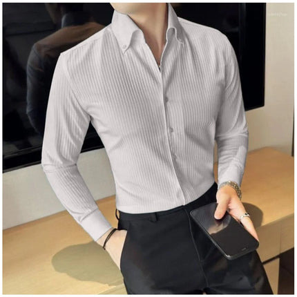 Rosolly Men's Casual Full Sleeve Striped Cotton Blended Shirt (Light Grey)