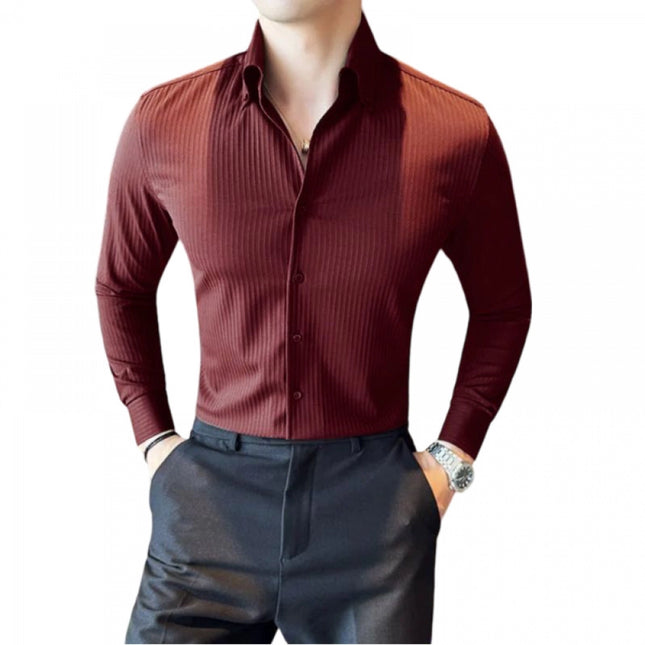 Rosolly Men's Casual Full Sleeve Striped Cotton Blended Shirt (Maroon)