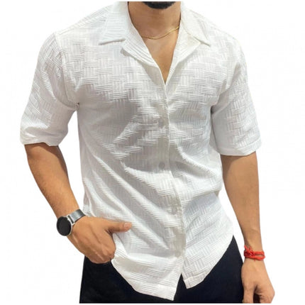 Rosolly Men's Casual Full Sleeve Strip Line Cotton Blended Shirt (White)