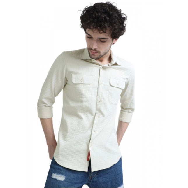Rosolly Men's Casual Full Sleeve Striped Cotton Blended Shirt (Cream)