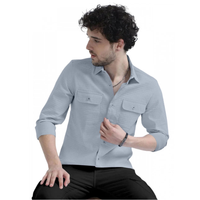 Rosolly Men's Casual Short Sleeve Striped Cotton Blended Shirt (Grey)