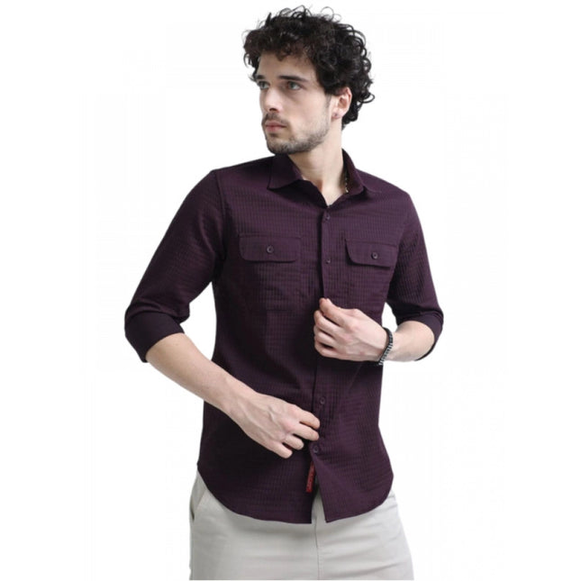 Rosolly Men's Casual Short Sleeve Striped Cotton Blended Shirt (Maroon)