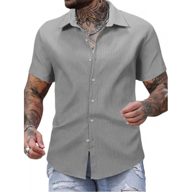 Rosolly Men's Casual Short Sleeve Striped Cotton Blended Shirt (Grey)
