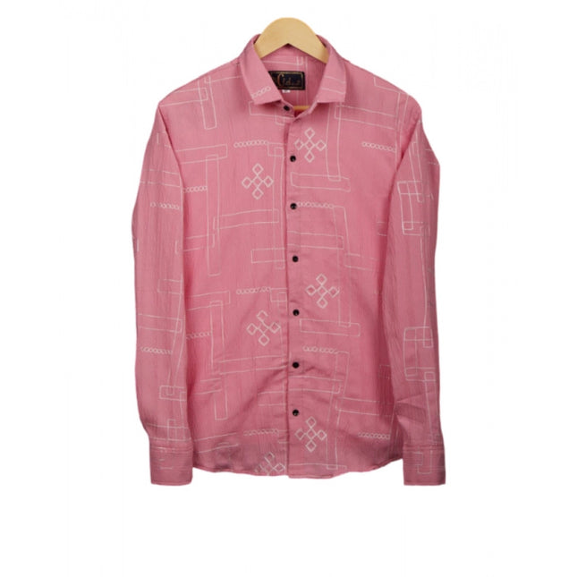 Rosolly Men's Casual Full Sleeve Printed Cotton Blended Shirt (Pink)
