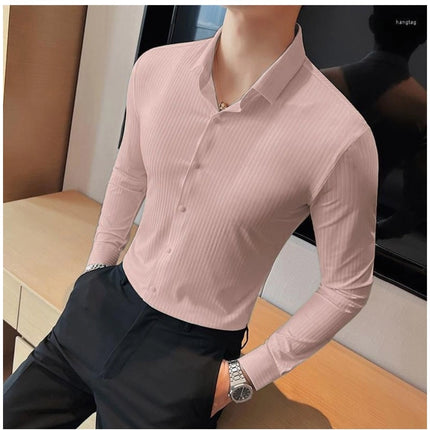 Rosolly Men's Casual Full Sleeve Striped Cotton Blended Shirt (Pink)