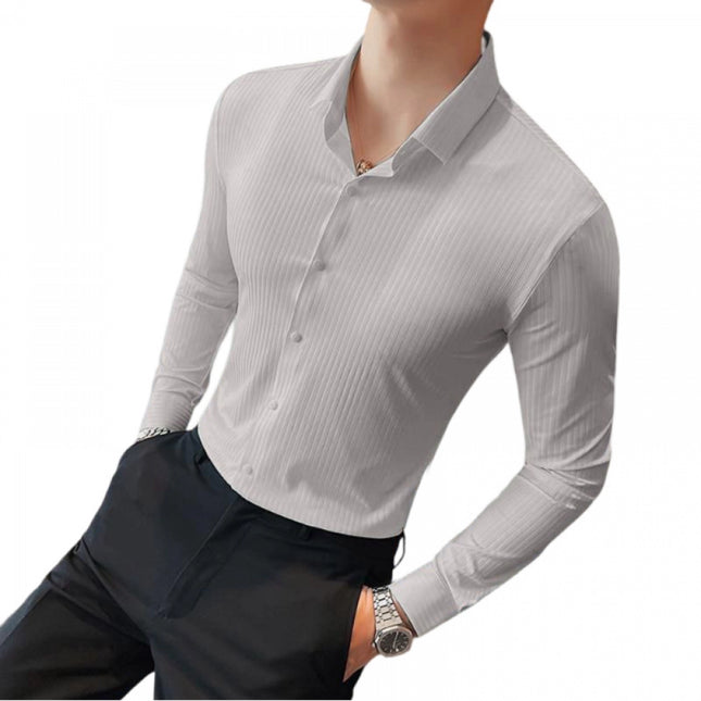 Rosolly Men's Casual Full Sleeve Striped Cotton Blended Shirt (Light Grey)