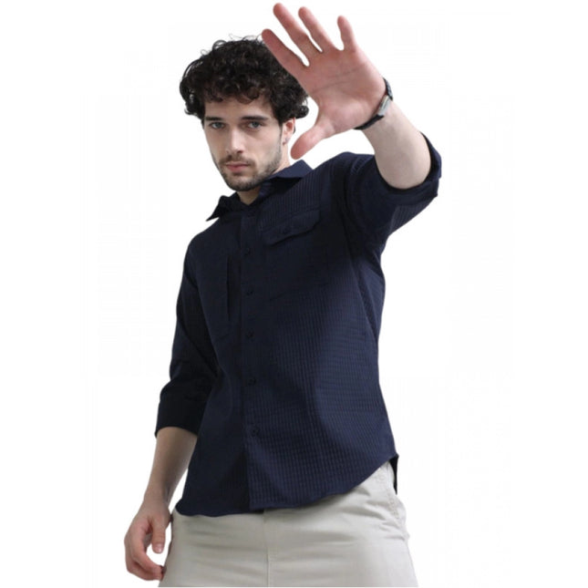 Rosolly Men's Casual Full Sleeve Striped Cotton Blended Shirt (Navy)