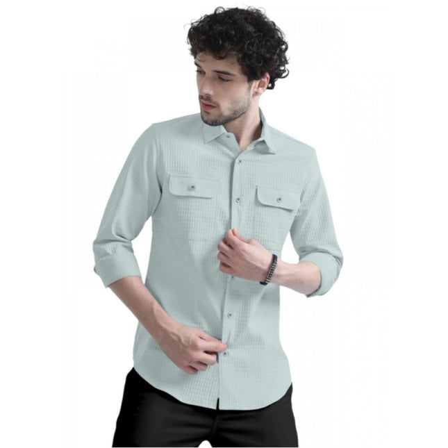 Rosolly Men's Casual Full Sleeve Striped Cotton Blended Shirt (Light Green)