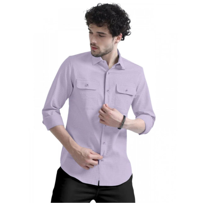 Rosolly Men's Casual Short Sleeve Striped Cotton Blended Shirt (Purple)