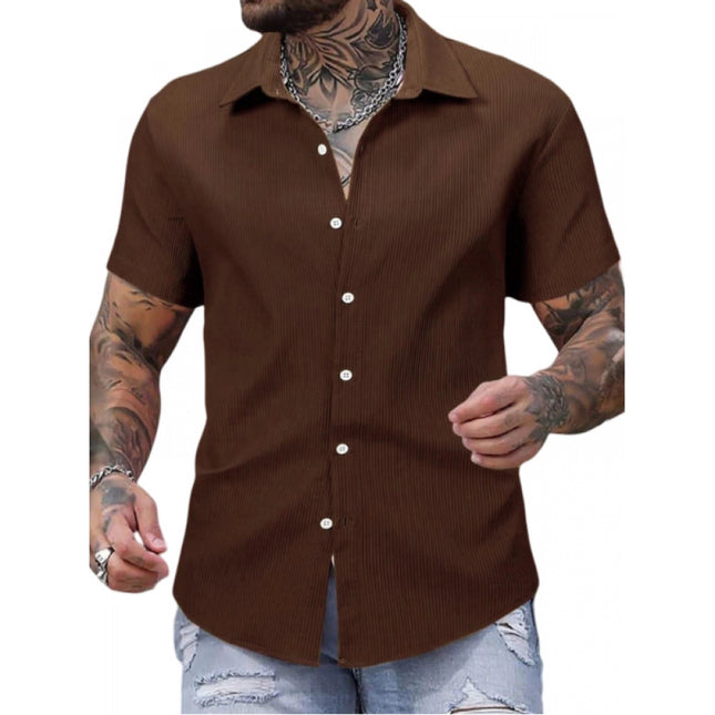 Rosolly Men's Casual Short Sleeve Striped Cotton Blended Shirt (Brown)
