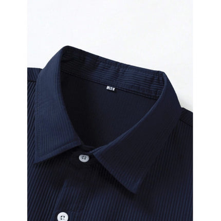 Rosolly Men's Casual Short Sleeve Striped Cotton Blended Shirt (Navy)