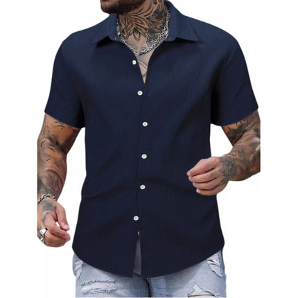 Rosolly Men's Casual Short Sleeve Striped Cotton Blended Shirt (Navy)