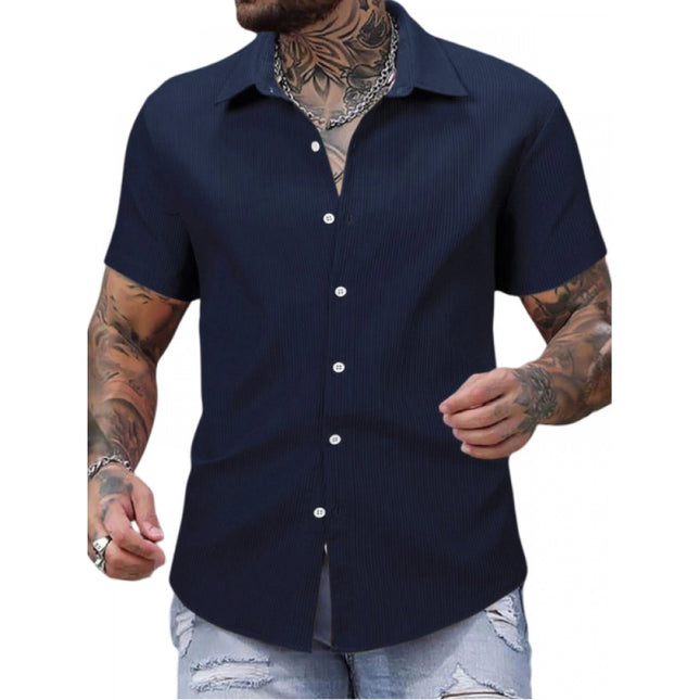 Rosolly Men's Casual Short Sleeve Striped Cotton Blended Shirt (Navy)