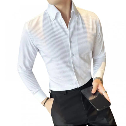 Rosolly Men's Casual Full Sleeve Striped Cotton Blended Shirt (White)